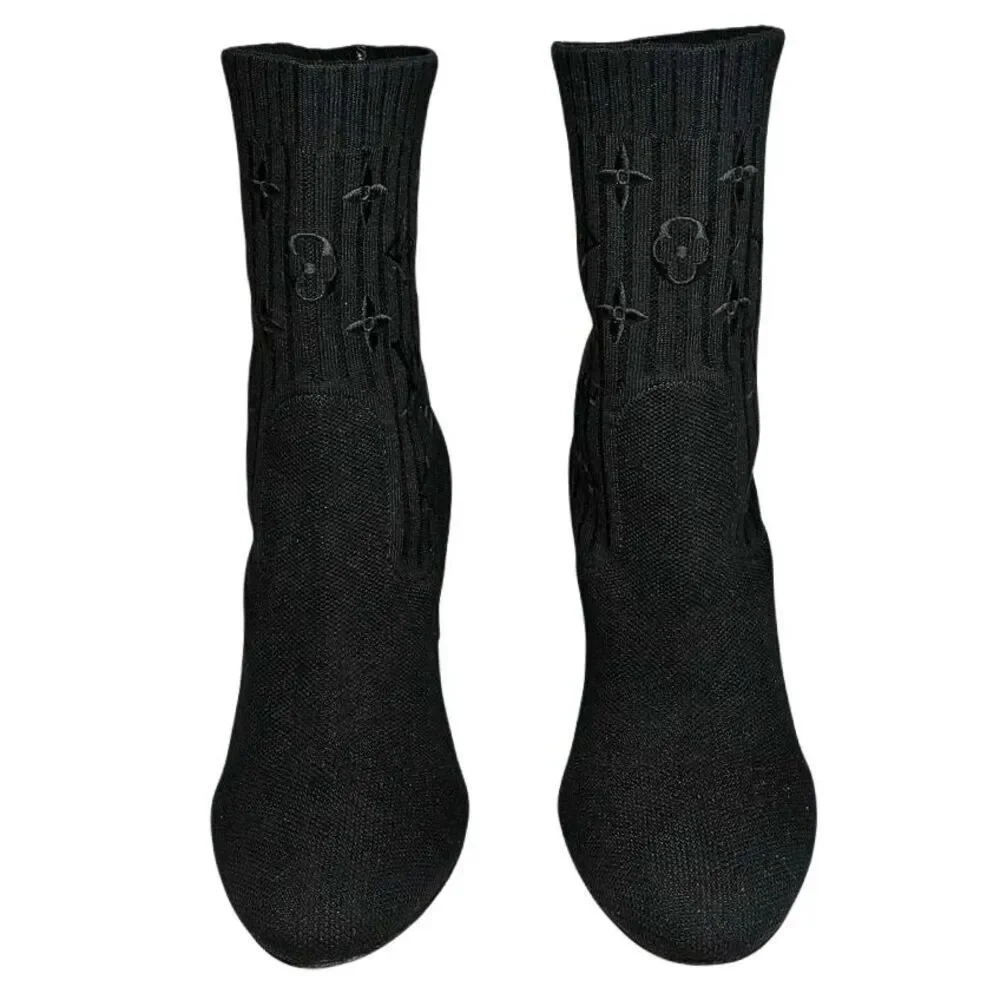 Louis Vuitton Silhouette Sock Ankle Boots Monogram Heel Logo Knit EU 36.5 US 6.5